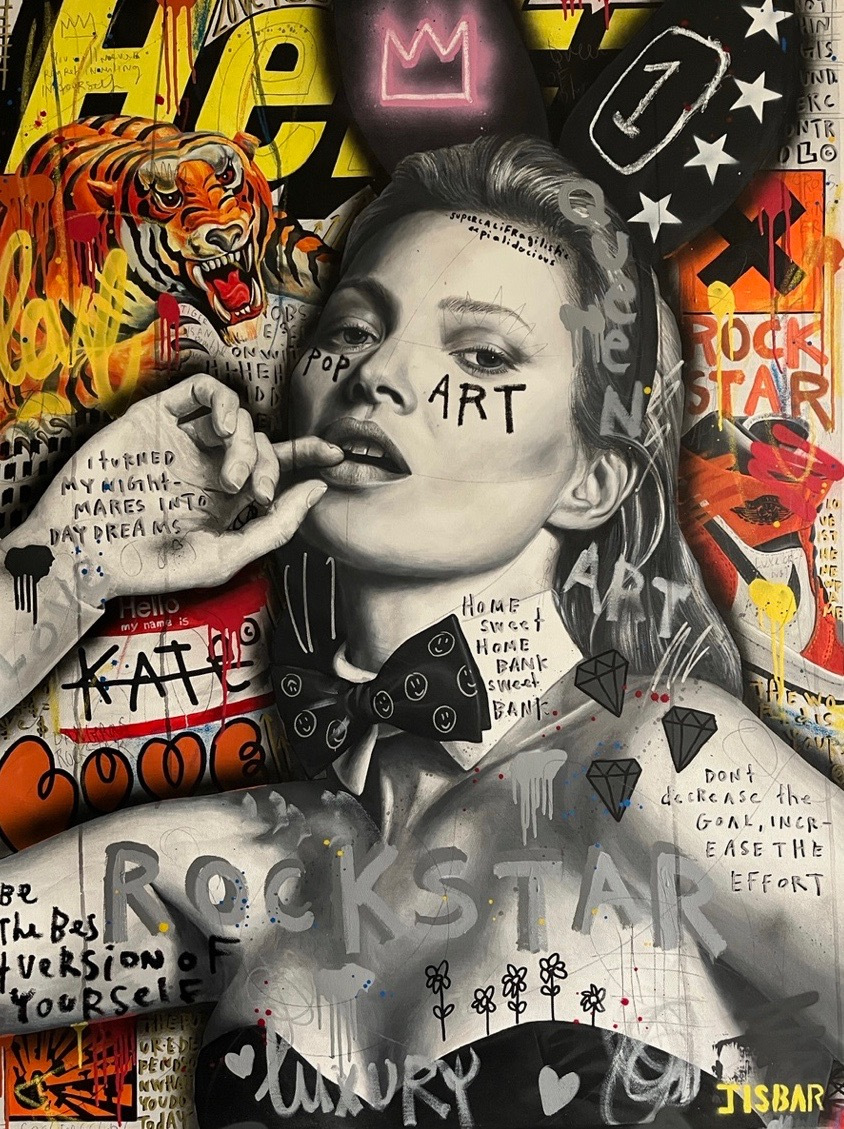 Jisbar, Rockstar Tiger Kate, 2023, mixed media on canvas, 130x97 cm